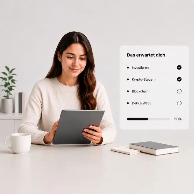 Frau lernt in der Bitcoin2Go Akademie am Tablet